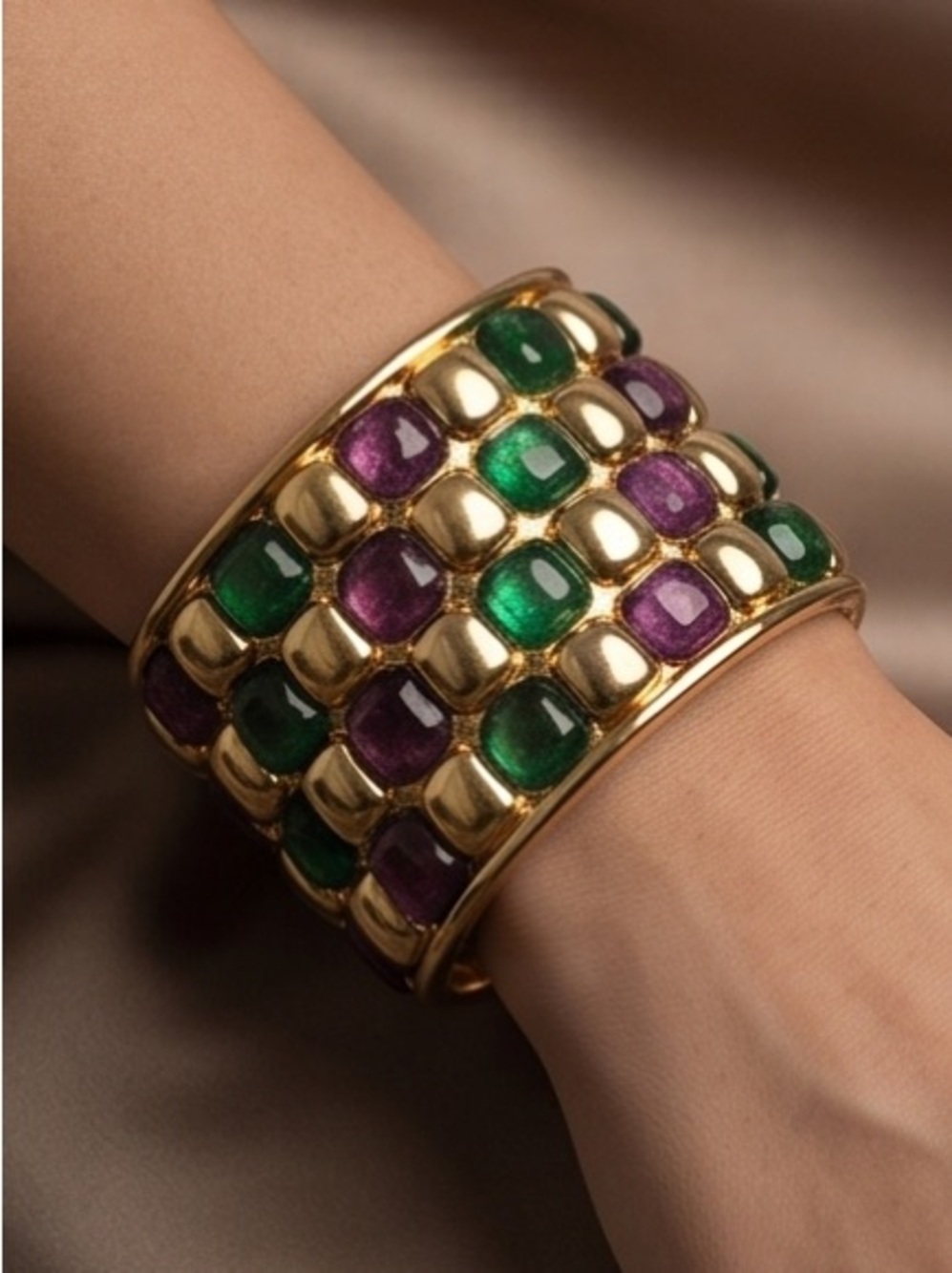 Gold Cuff Bracelet with Green and Amber Gemstones